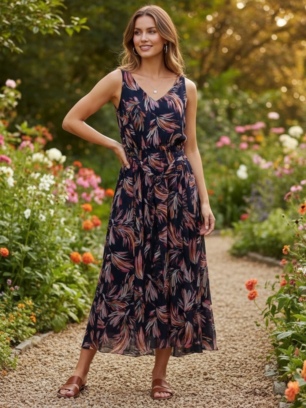 Lane Bryant Navy Floral Maxi Dress with Pink and Orange Accents